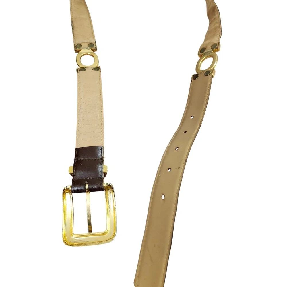 Classic Dark Brown Genuine Leather Belt with Gold Ring Accents Sz L Dk Academia‎